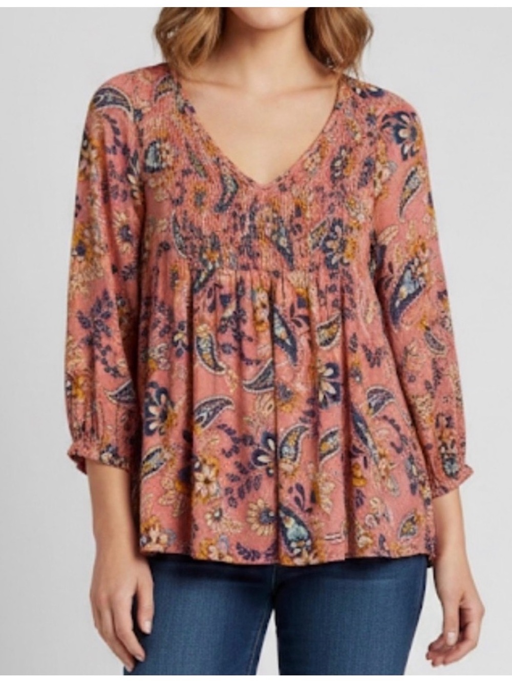 DR2 Hi-Lo Pullover 3/4 Sleeve Paisley Blouse, Women’s Small, Pink Multicolor